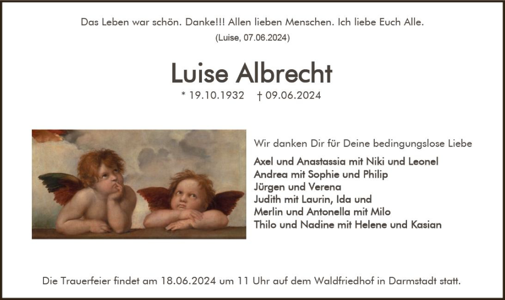  Traueranzeige für Luise Albrecht vom 15.06.2024 aus Darmstädter Echo