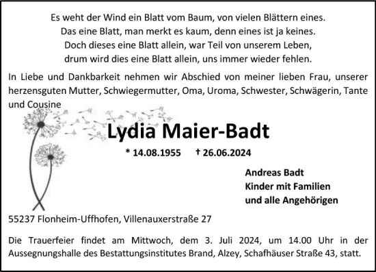 Traueranzeige von Lydia Maier-Badt von Allgemeine Zeitung Alzey