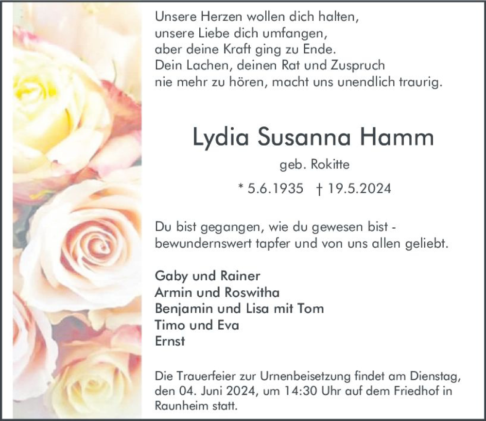  Traueranzeige für Lydia Susanna Hamm vom 03.06.2024 aus Rüsselsheimer Echo