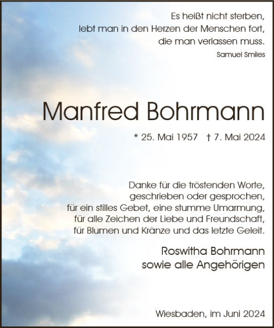 Traueranzeige von Manfred Bohrmann von Wiesbadener Kurier