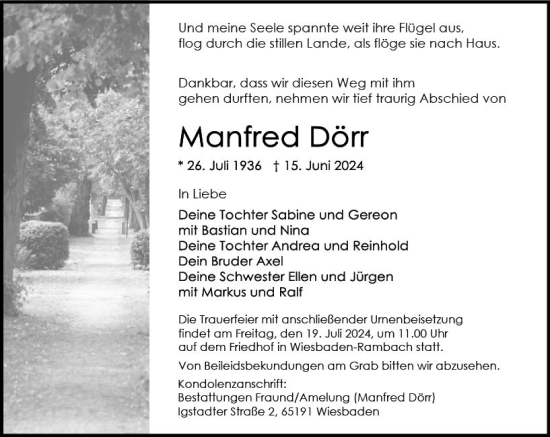 Traueranzeige von Manfred Dörr von Wiesbadener Kurier