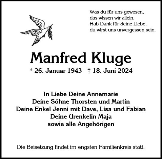 Traueranzeige von Manfred Kluge von Wiesbadener Kurier