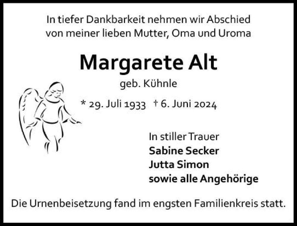  Traueranzeige für Margarete Alt vom 29.06.2024 aus Allgemeine Zeitung Mainz