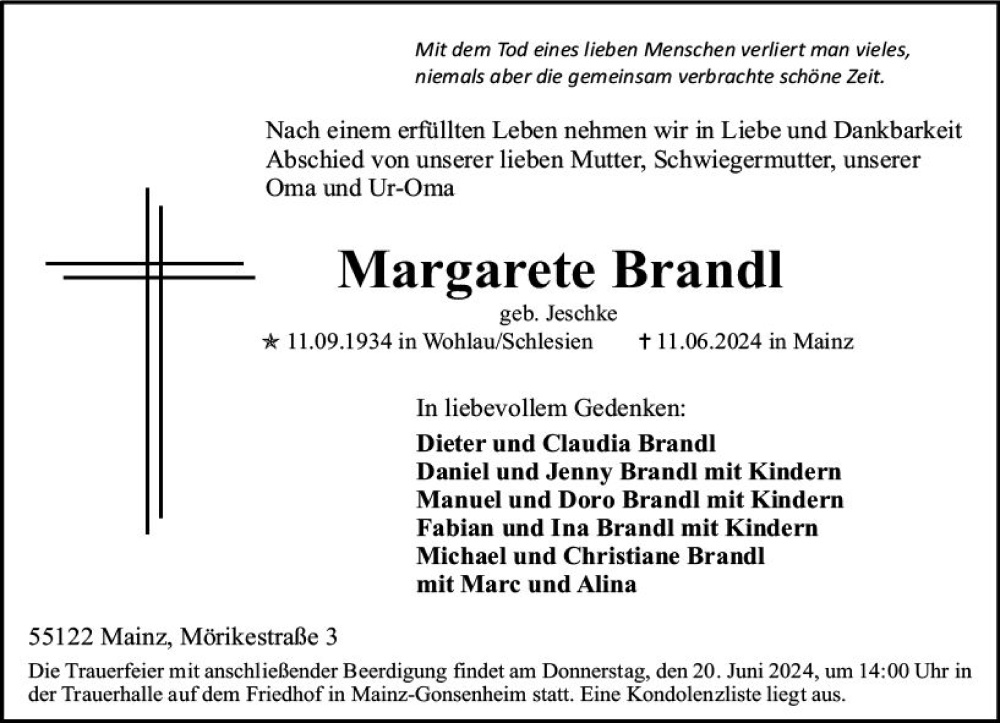  Traueranzeige für Margarete Brandl vom 15.06.2024 aus Allgemeine Zeitung Mainz
