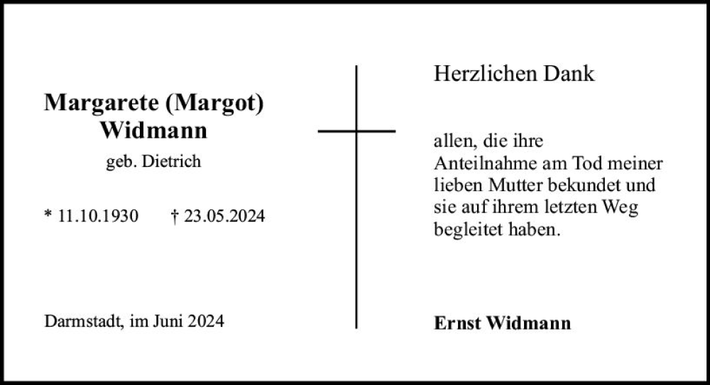  Traueranzeige für Margarethe Widmann vom 15.06.2024 aus Darmstädter Echo