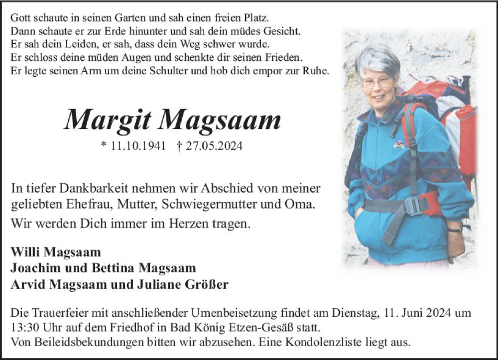  Traueranzeige für Margit Magsaam vom 08.06.2024 aus Odenwälder Echo