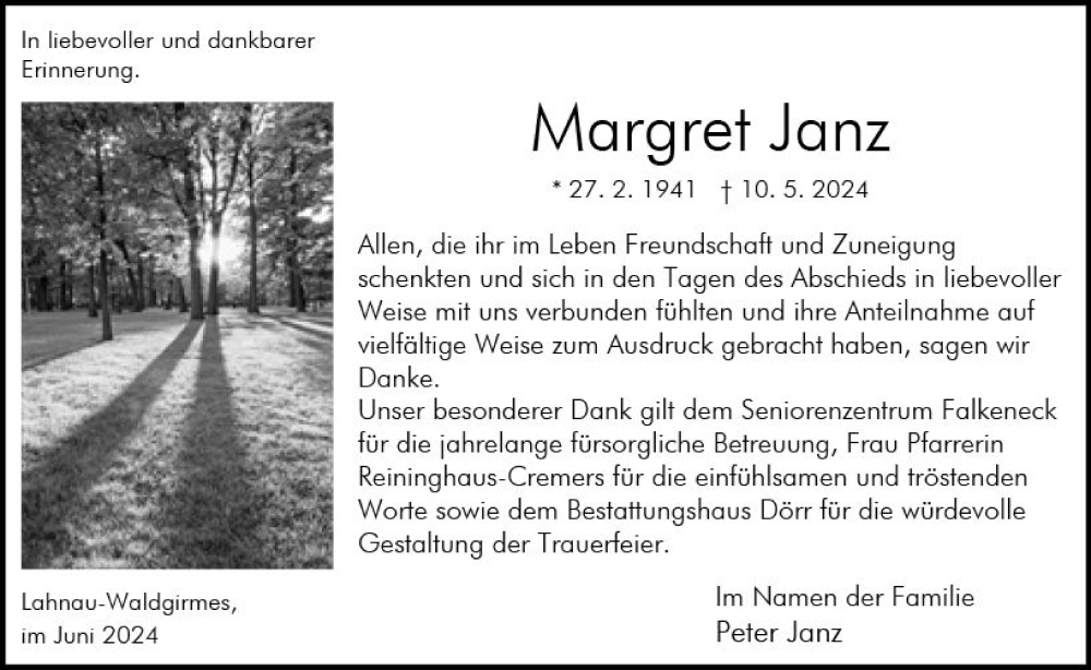  Traueranzeige für Margret  Janz vom 04.06.2024 aus Wetzlarer Neue Zeitung