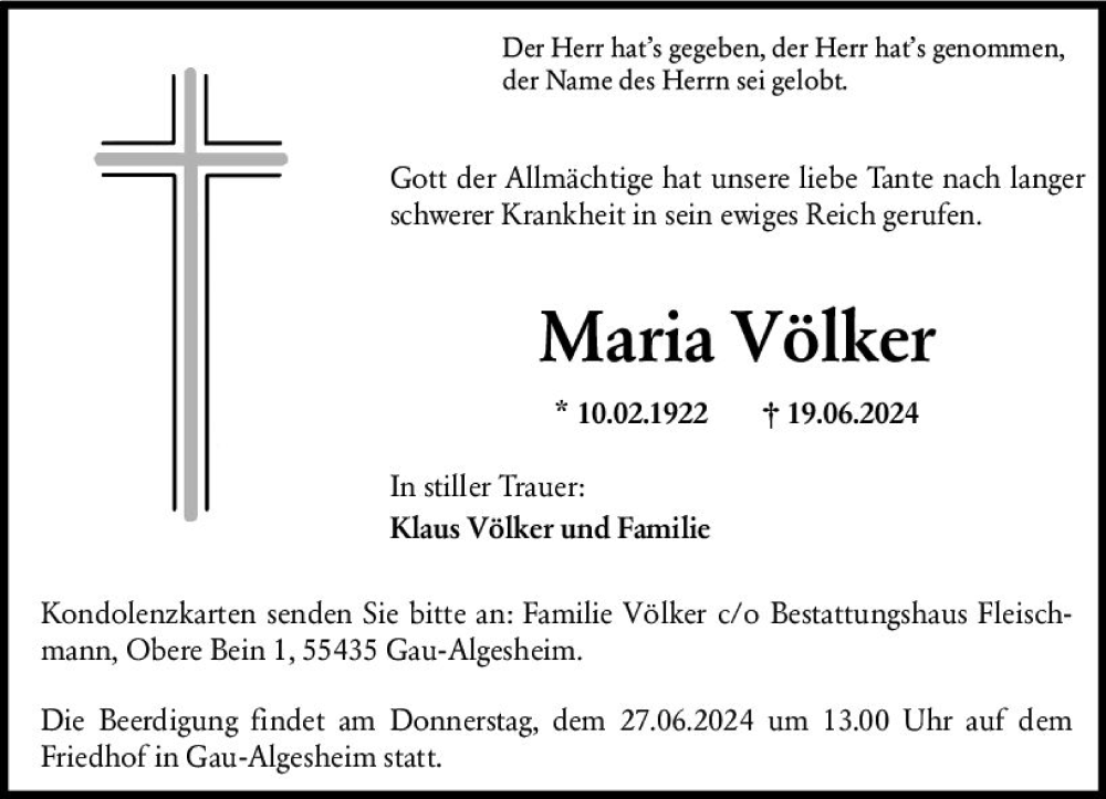  Traueranzeige für Maria Völker vom 22.06.2024 aus Allgemeine Zeitung Bingen/Ingelheim