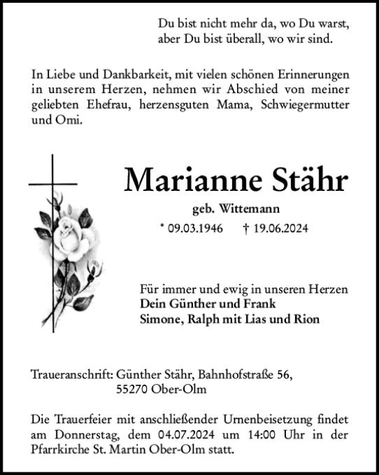 Traueranzeige von Marianne Stähr von Allgemeine Zeitung Mainz