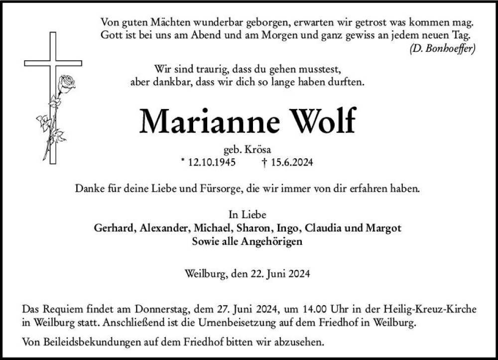  Traueranzeige für Marianne Wolf vom 22.06.2024 aus Weilburger Tageblatt