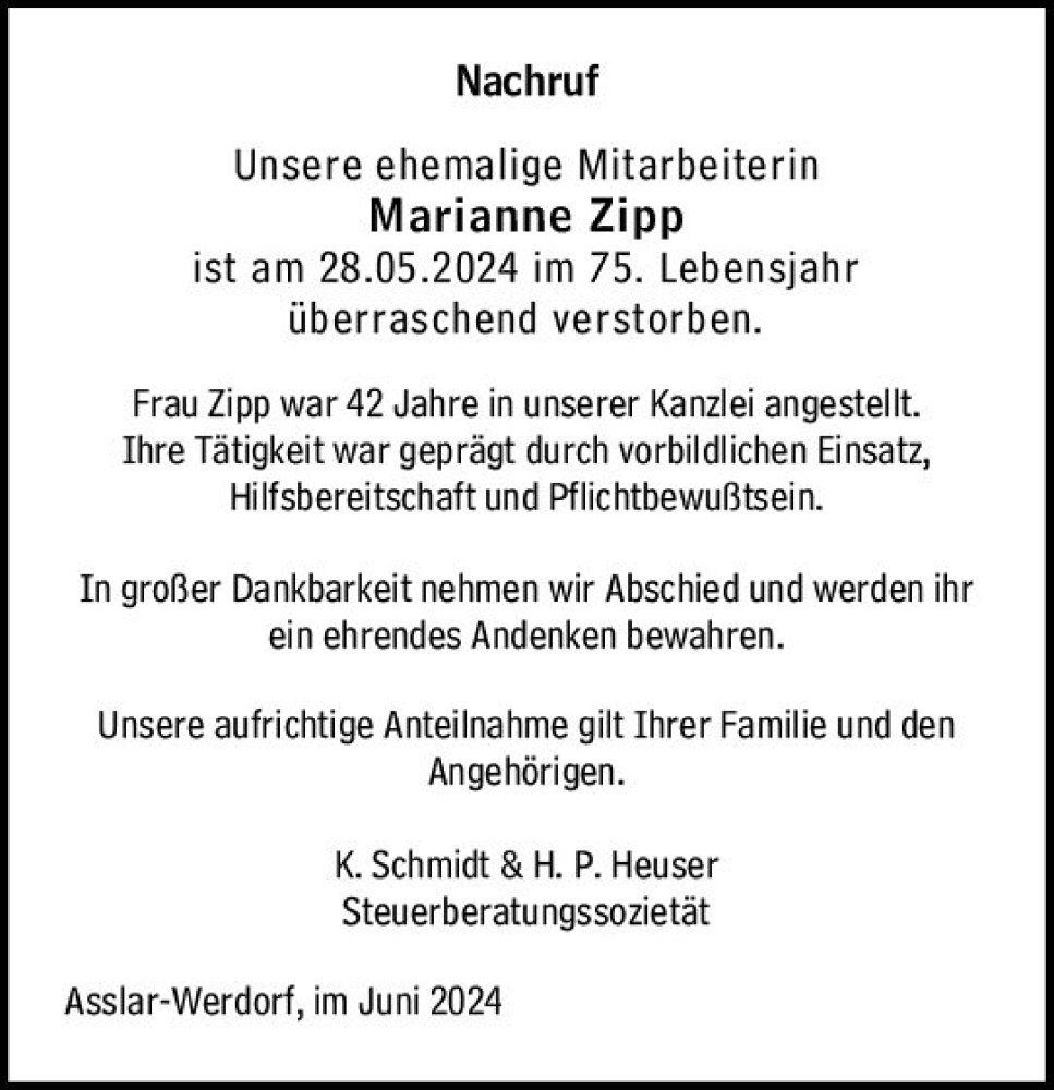  Traueranzeige für Marianne Zipp vom 07.06.2024 aus Wetzlarer Neue Zeitung