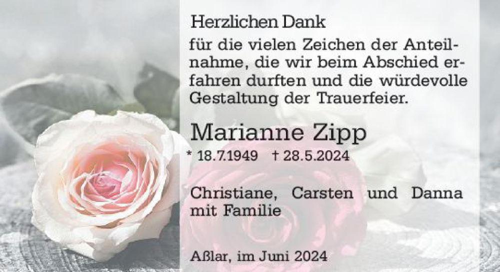  Traueranzeige für Marianne Zipp vom 15.06.2024 aus Wetzlarer Neue Zeitung