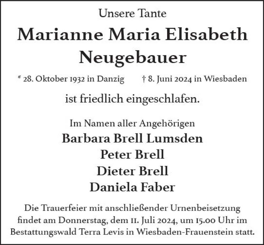  Traueranzeige für Marianne Maria Elisabeth Neugebauer vom 22.06.2024 aus Wiesbadener Kurier