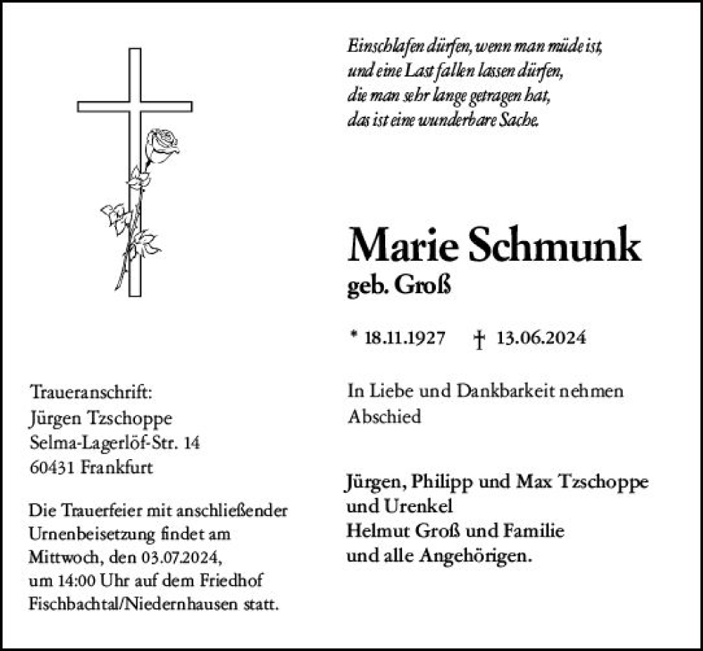  Traueranzeige für Marie Schmunk vom 29.06.2024 aus Darmstädter Echo