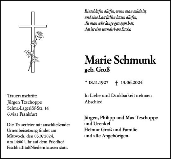 Traueranzeige von Marie Schmunk von Darmstädter Echo