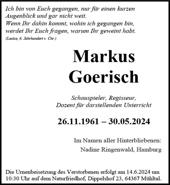 Traueranzeige von Markus Goerisch von Darmstädter Echo