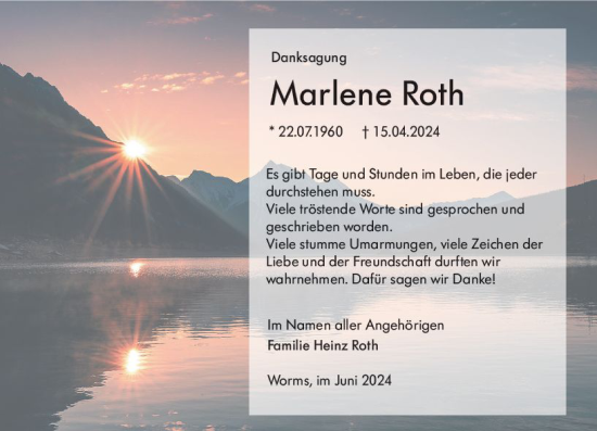Traueranzeige von Marlene Roth von Wormser Zeitung