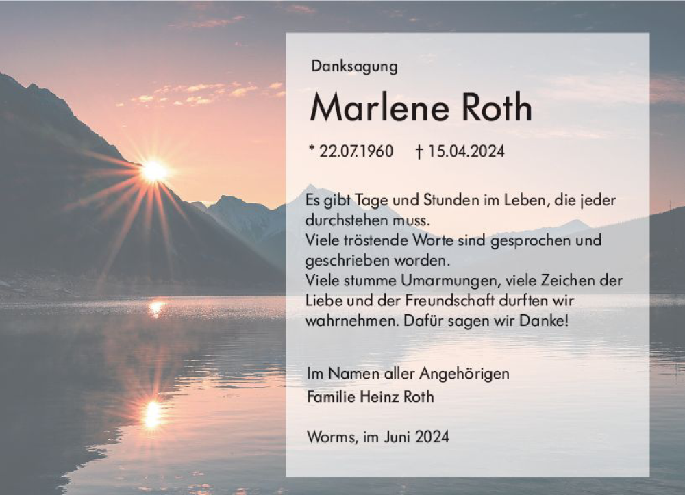  Traueranzeige für Marlene Roth vom 08.06.2024 aus Wormser Zeitung