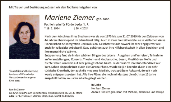 Traueranzeige von Marlene Ziemer von Allgemeine Zeitung Mainz