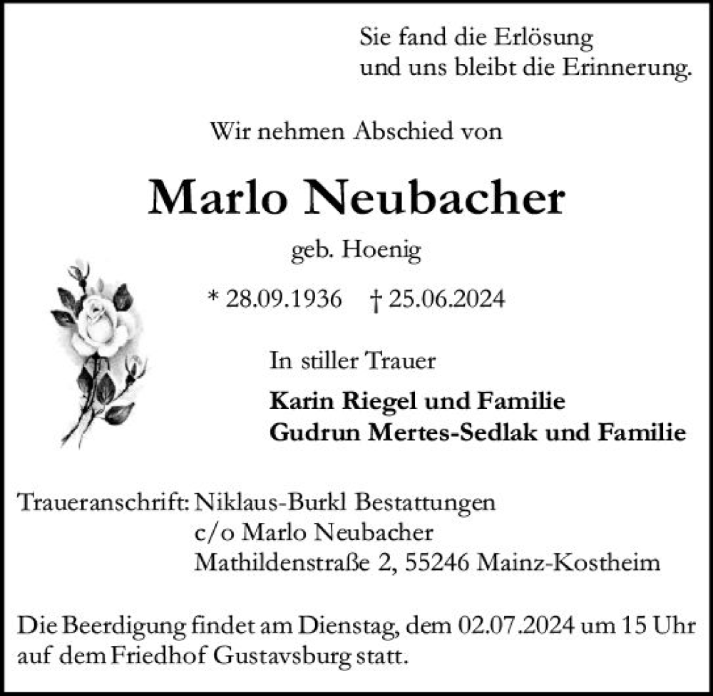  Traueranzeige für Marlo Neubacher vom 29.06.2024 aus Allgemeine Zeitung Mainz