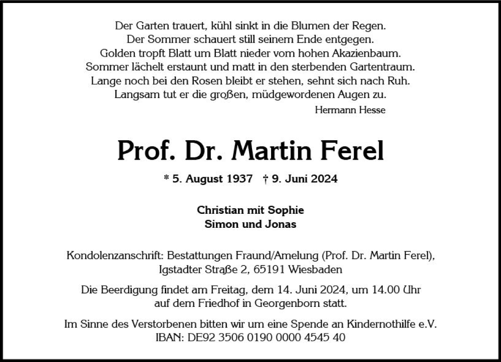  Traueranzeige für Martin Ferel vom 12.06.2024 aus Wiesbadener Kurier
