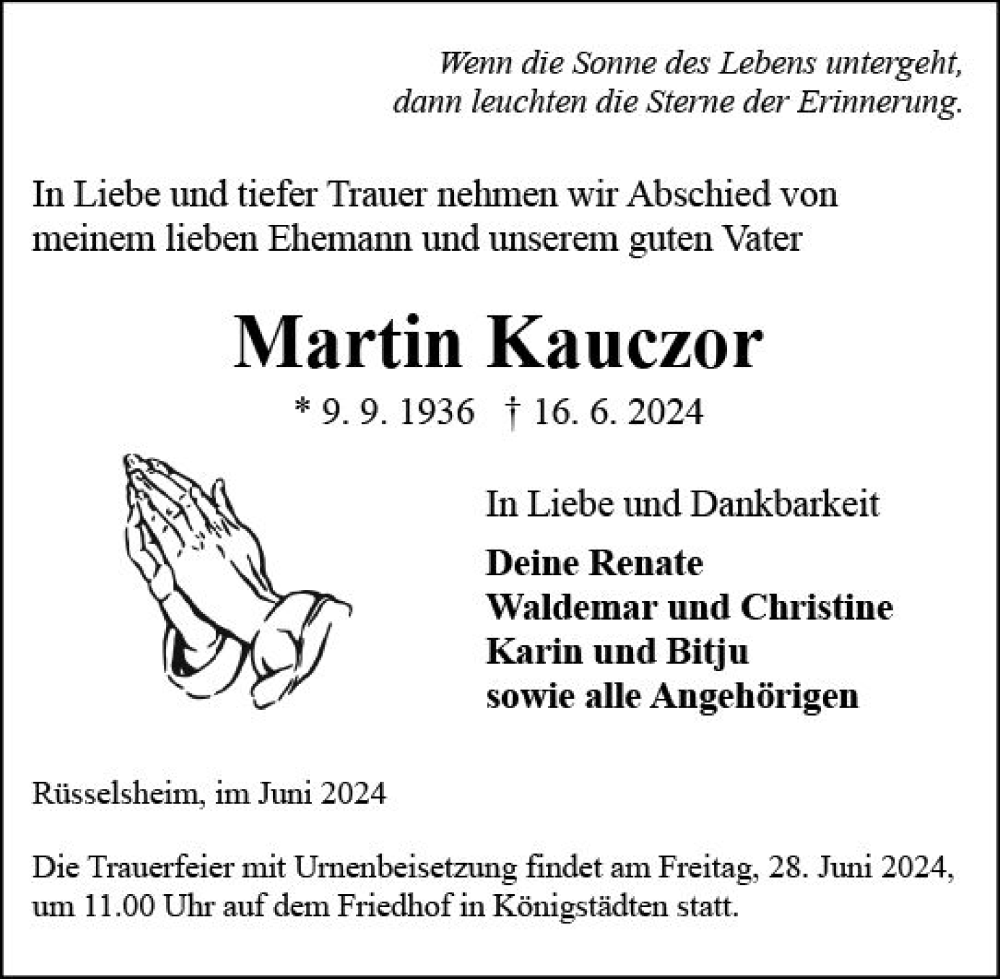  Traueranzeige für Martin Kauczor vom 22.06.2024 aus Rüsselsheimer Echo