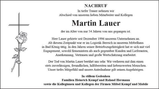 Traueranzeige von Martin Lauer von Odenwälder Echo