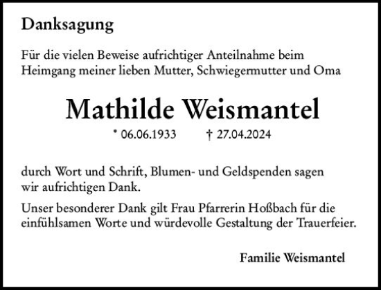 Traueranzeige von Mathilde Weismantel von Wormser Zeitung