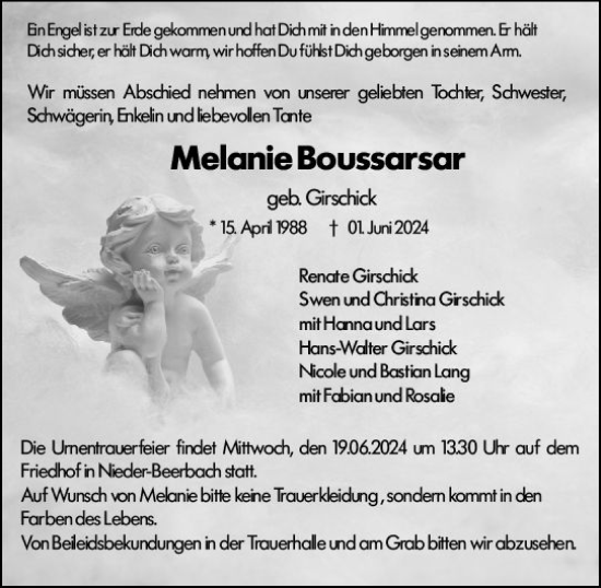 Traueranzeige von Melanie Boussarsar von Darmstädter Echo