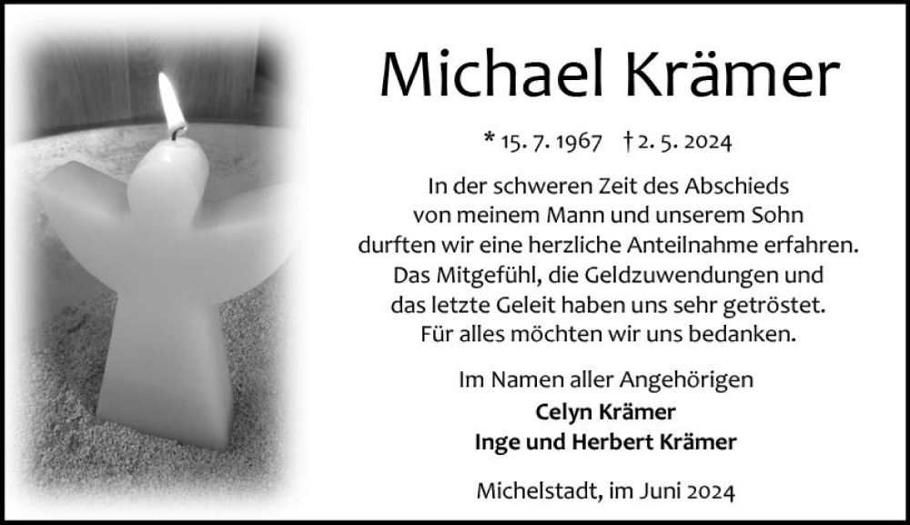  Traueranzeige für Michael Krämer vom 08.06.2024 aus Odenwälder Echo