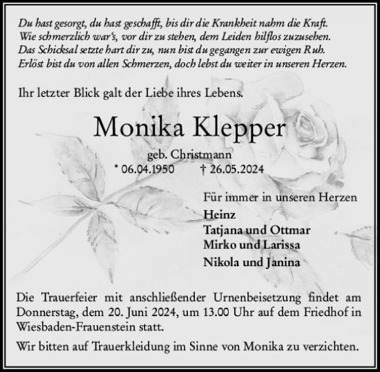 Traueranzeige von Monika Klepper von Wiesbadener Kurier