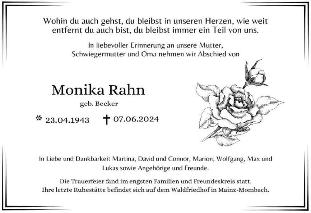  Traueranzeige für Monika Rahn vom 22.06.2024 aus Allgemeine Zeitung Bingen/Ingelheim