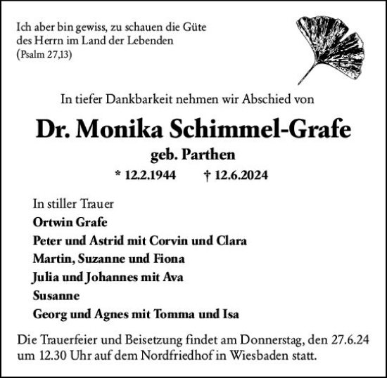 Traueranzeige von Monika Schimmel-Grafe von Wiesbadener Kurier