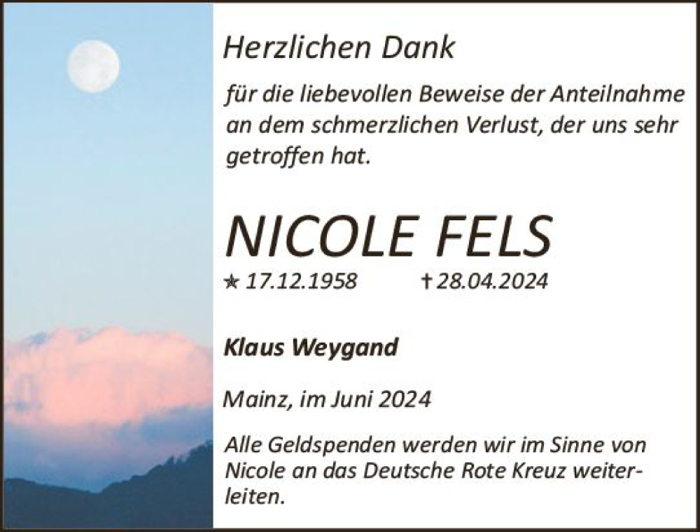  Traueranzeige für Nicole Fels vom 08.06.2024 aus Allgemeine Zeitung Bingen/Ingelheim