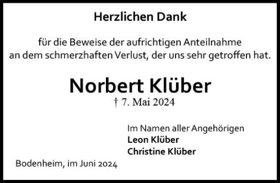 Traueranzeige von Norbert Klüber von Allgemeine Zeitung Mainz
