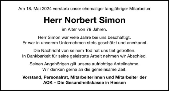Traueranzeige von Norbert Simon von Wiesbadener Kurier