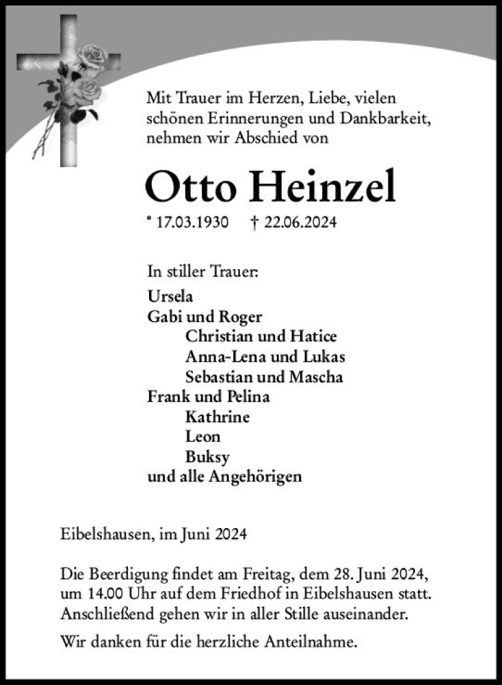  Traueranzeige für Otto Heinzel vom 26.06.2024 aus Dill Block