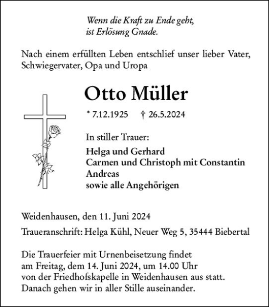 Traueranzeige von Otto Müller von Hinterländer Anzeiger