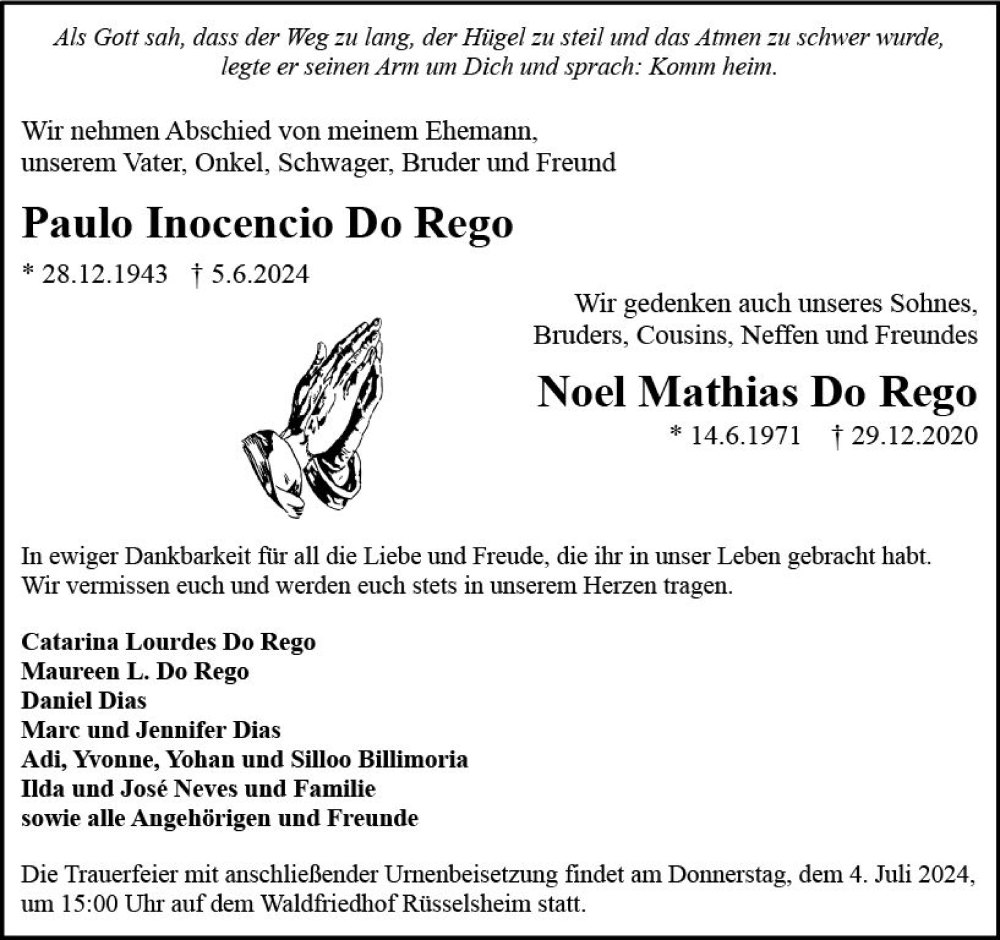  Traueranzeige für Paulo Inocencio Do Rego vom 29.06.2024 aus Rüsselsheimer Echo