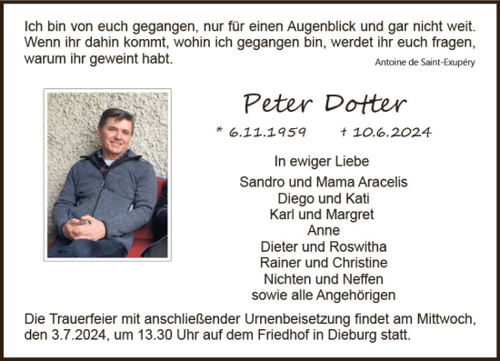Traueranzeige von Peter Dotter von Dieburger Anzeiger/Groß-Zimmerner Lokal-Anzeiger