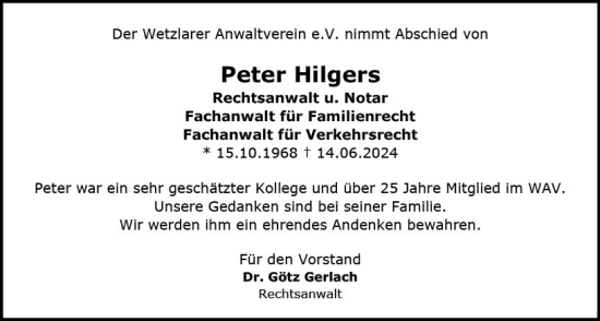 Traueranzeige von Peter Hilgers von Wetzlarer Neue Zeitung