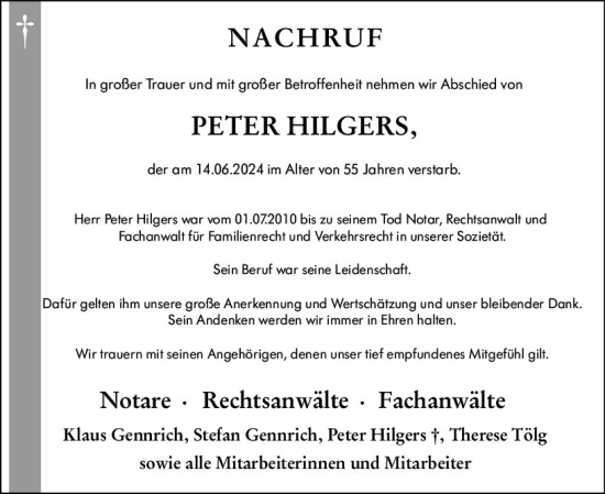 Traueranzeige von Peter Hilgers von Wetzlarer Neue Zeitung