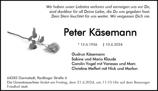 Traueranzeige von Peter Käsemann von Darmstädter Echo