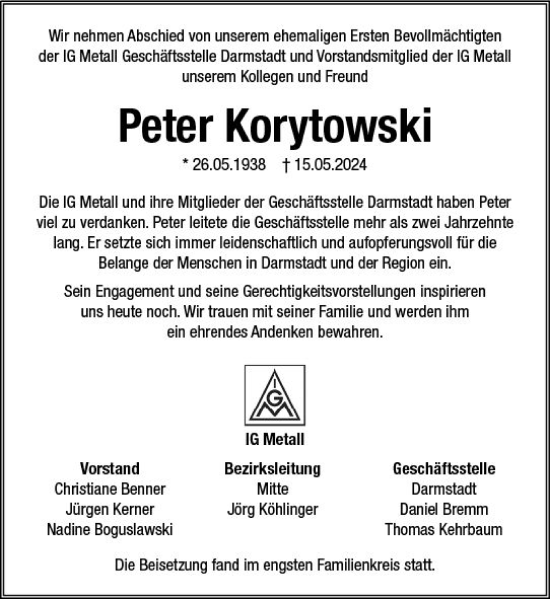 Traueranzeige von Peter Korytowski von Darmstädter Echo