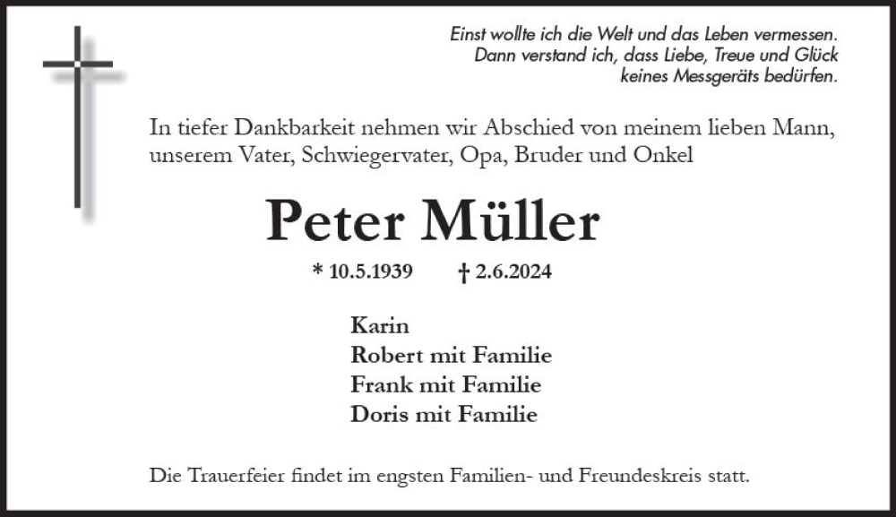  Traueranzeige für Peter Müller vom 15.06.2024 aus Wiesbadener Kurier