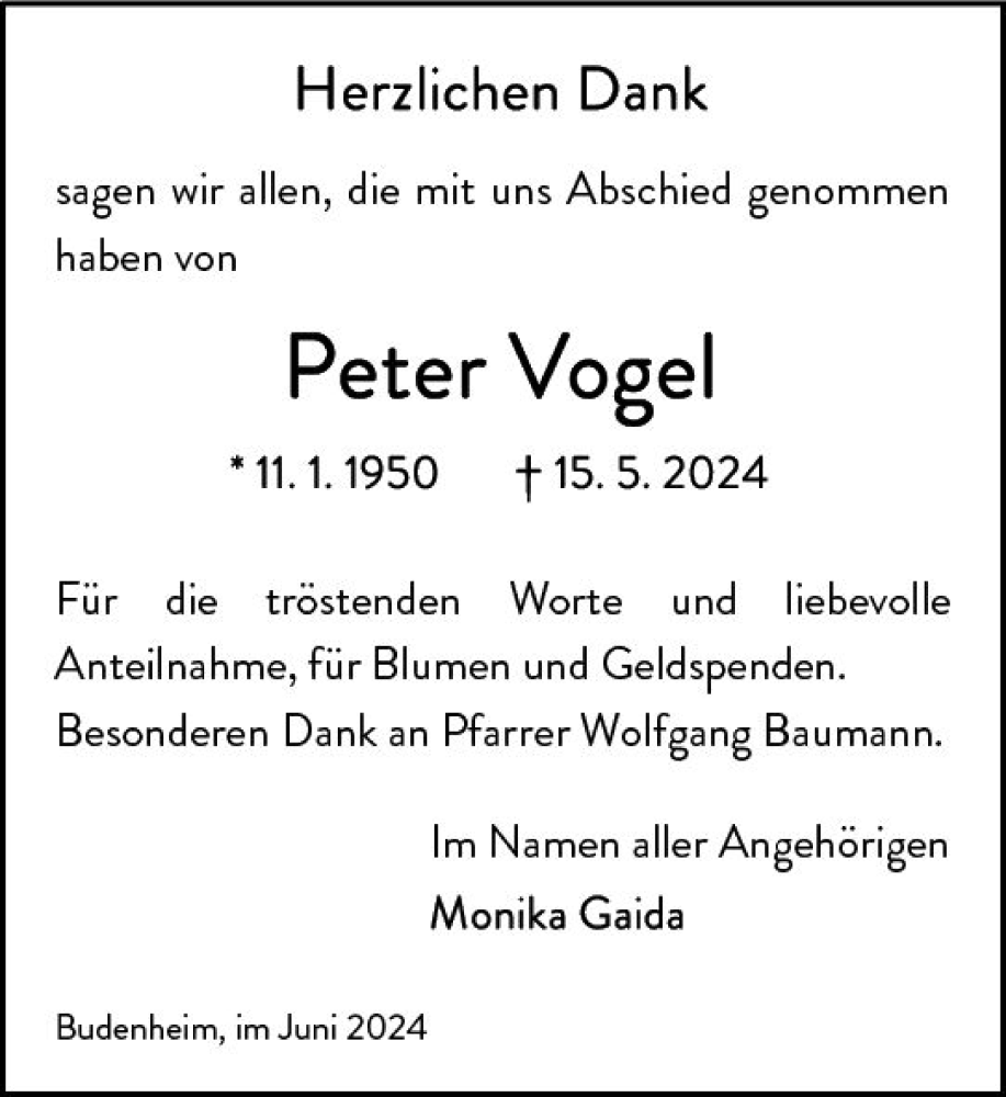  Traueranzeige für Peter Vogel vom 15.06.2024 aus Allgemeine Zeitung Bingen/Ingelheim