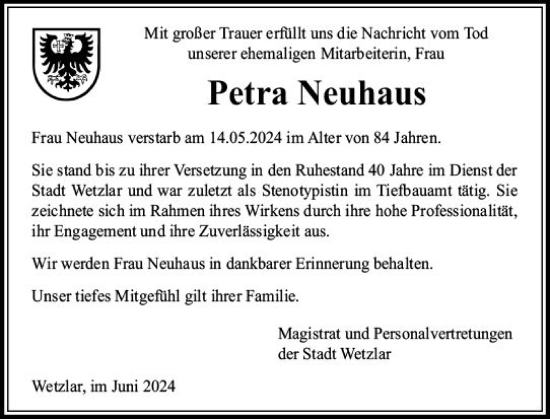 Traueranzeige von Petra Neuhaus von Wetzlarer Neue Zeitung