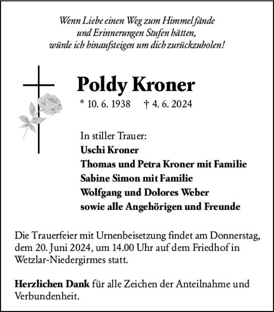  Traueranzeige für Poldy Kroner vom 17.06.2024 aus Wetzlarer Neue Zeitung