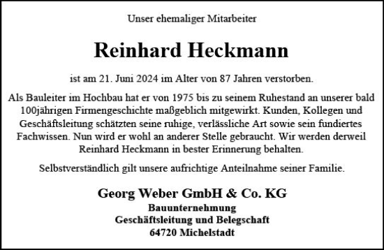 Traueranzeige von Reinhard Heckmann von Odenwälder Echo