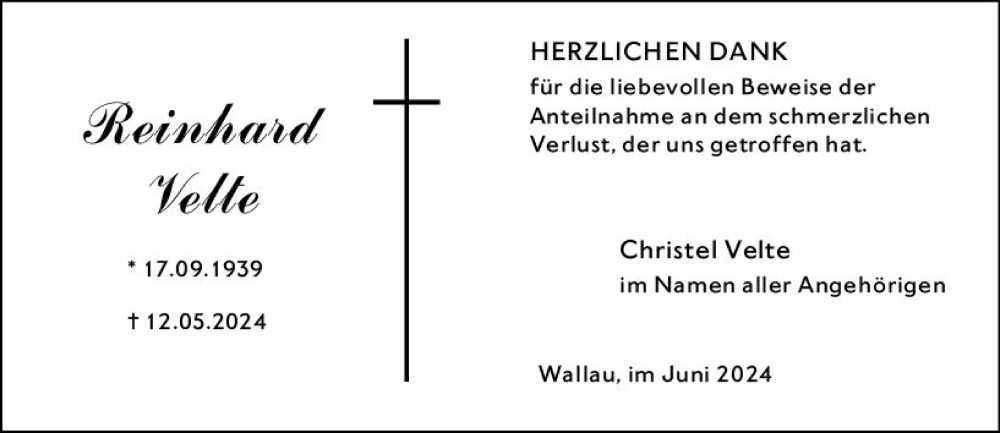  Traueranzeige für Reinhard Velte vom 15.06.2024 aus Hinterländer Anzeiger